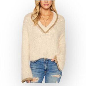 NWT Ramy Brook Max V Neck Fuzzy Sweater with Metallic Trim, Size XXS